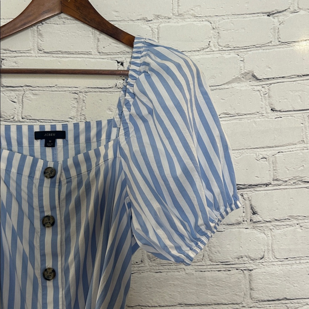 J.Crew Blue & White Striped Button-Front Midi Dress with Puff Sleeves Medium - Picture 5 of 11